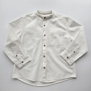 Boys White Cotton Linen Blend Button-Up Henley Shirt